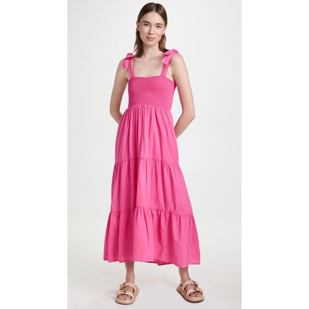 Xirena Lorraine Pink Cotton Smocked Tiered Midi Dress Small Tie Shoulder